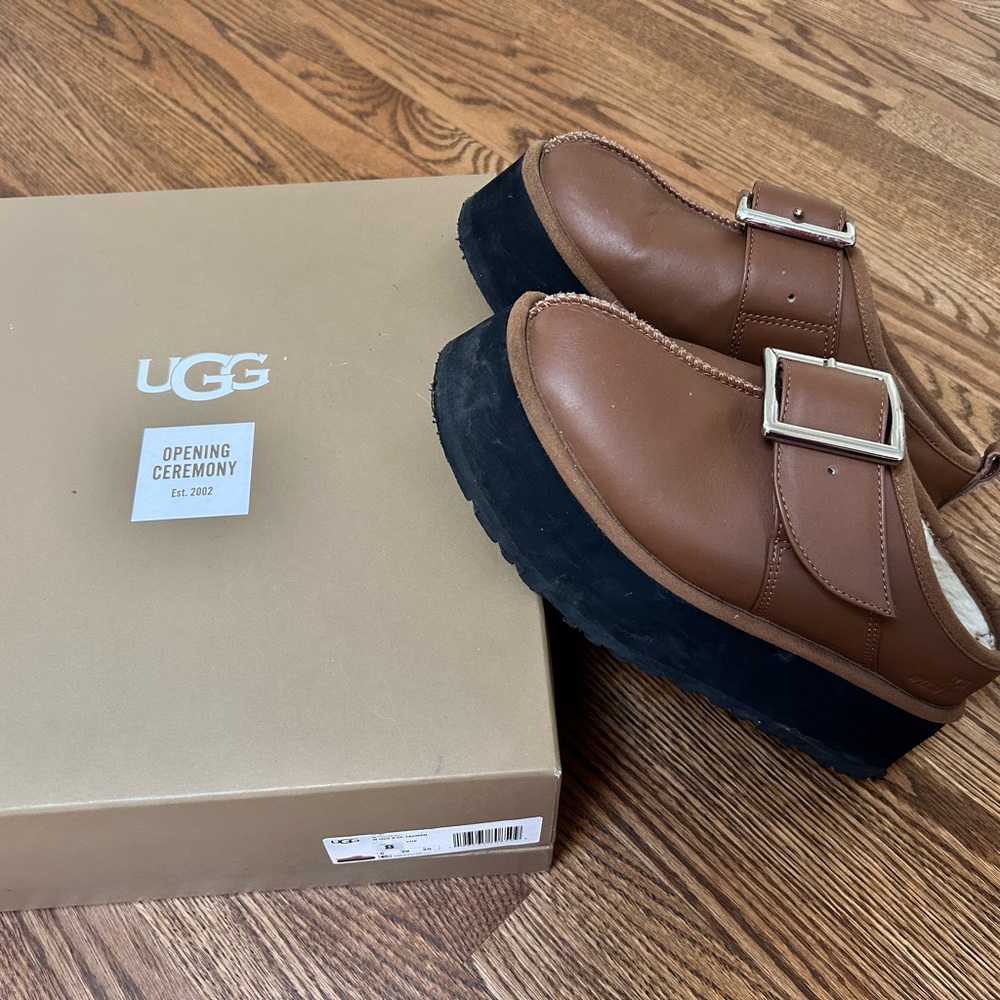 UGG x Opening Ceremony Brown Leather Mules with Chunky Black Platform + Buckles